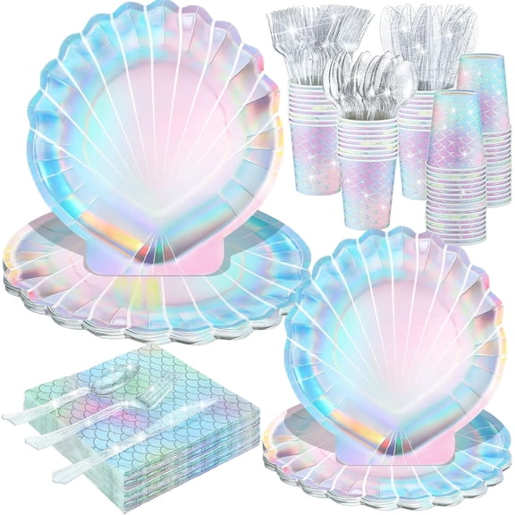 144 Pcs Themed Party Supplies Party Decorations Under the Sea Party Tableware Includes Clam Plates Napkins Cups Plastic Spoons Fork Knives for Birthday party