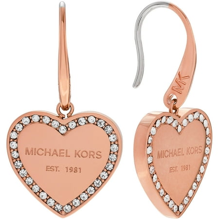 Michael Kors Women's Crystal Rose Gold-Tone Stainless Steel Heart Logo Dangle Earrings