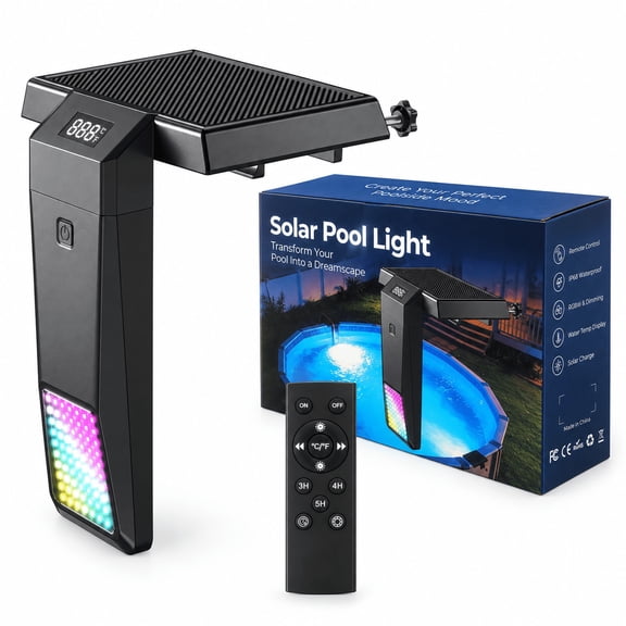 GKAJYZL Square Solar LED Pool Light, 700 Lumens, 9 Colors, Remote & Temperature Display, IP68 Waterproof for Inground & Above Ground Pools, 1 pack