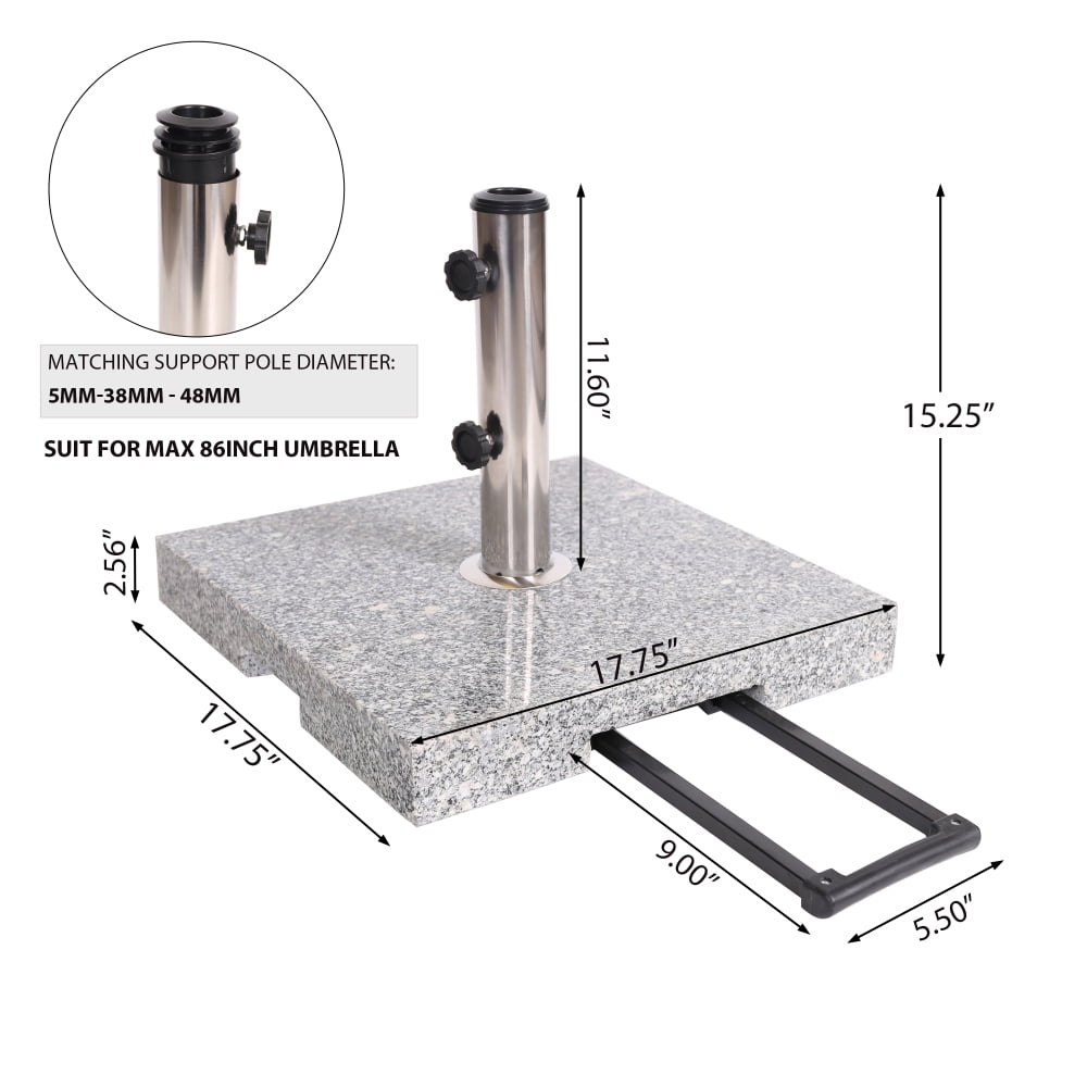 Square Granite Umbrella Base with Stainless Steel Holder Heavy Duty Outdoor Patio Umbrella Stand Natural Grey