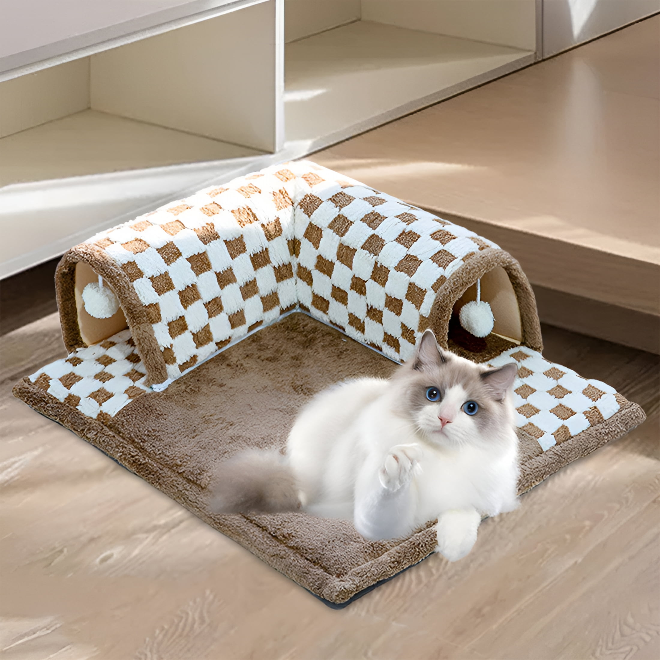 XIBUFE 2026 New 2 in 1 Cat Bed Play Tunnel Cats Play Mat with Playing Ball Toys Kitty Training Play Center Interactive for Indoor Cats Rabbit Brown M Ball Pit for Cats