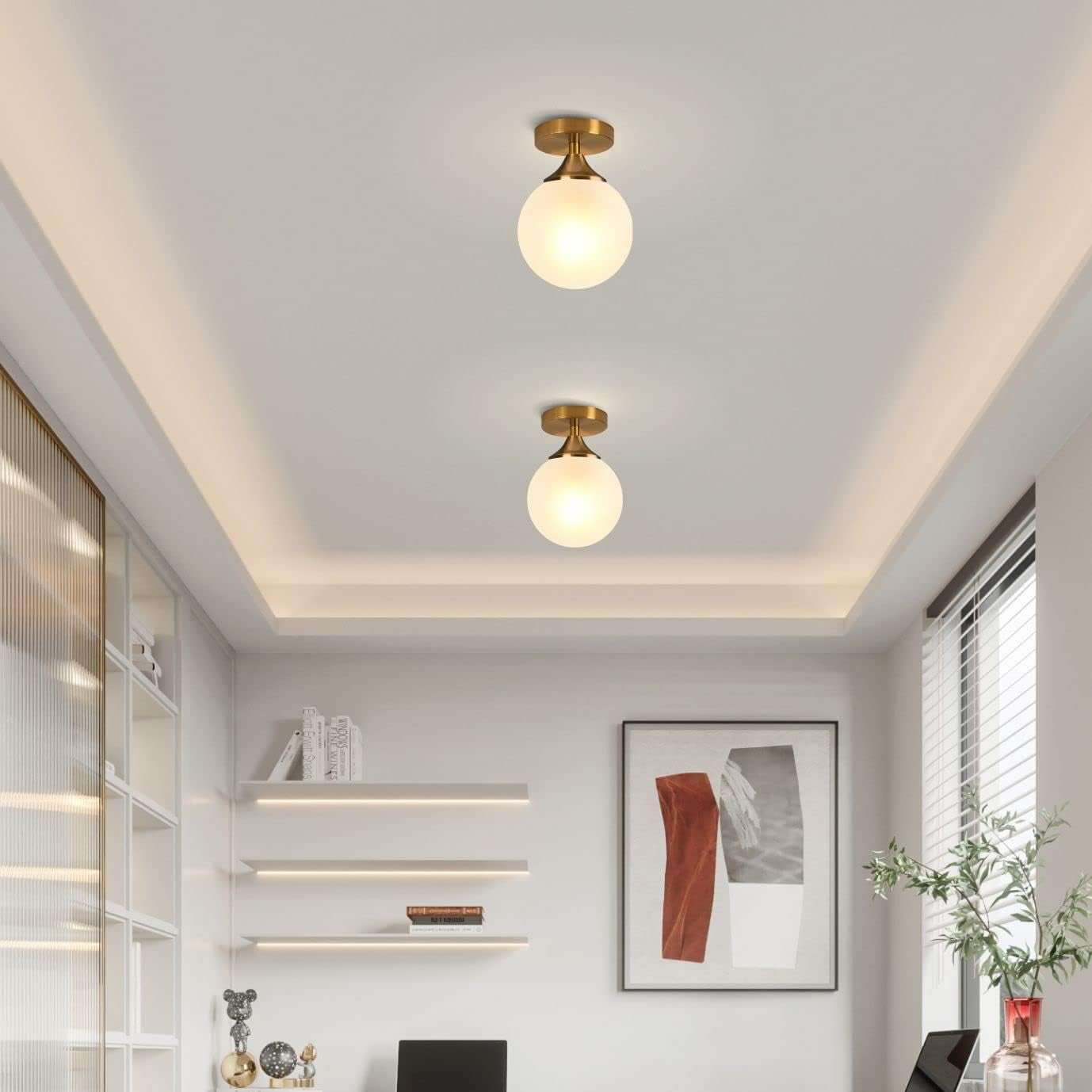 KCO Lighting Milk Glass Globe Semi Flush Mount Ceiling Light Mid Century Modern Gold Ceiling Lamp