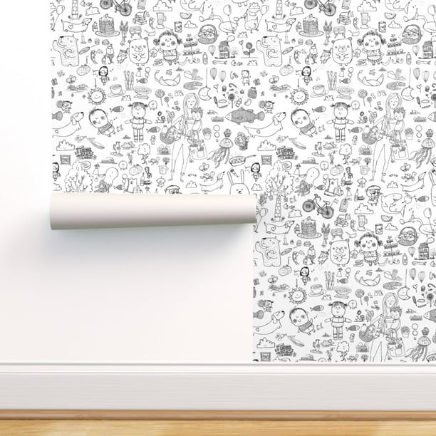 Removable Water Activated Wallpaper Whimsical Doodles Hipster Coloring Book Walmart Com Walmart Com