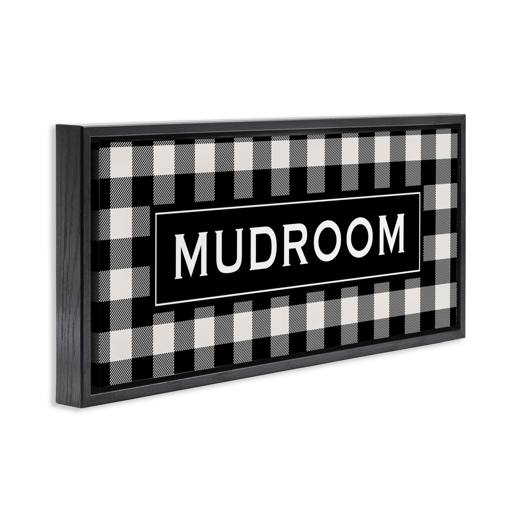 Stupell Industries Mudroom Classic New England Plaid Typography Painting Black Floater Framed Canvas Art Print Wall Art, 31 x 14
