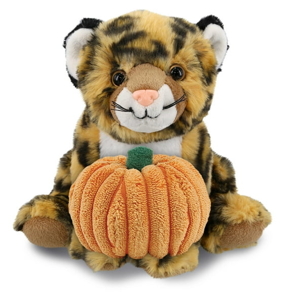 DolliBu Super Soft Squat Leopard Stuffed Animal with Pumpkin Plush Decor - Leopard Pumpkin Plush Animal for Fall, Halloween and Thanksgiving, Pumpkin Plush Toy for Baby, Kids, Adults - 8 Inches