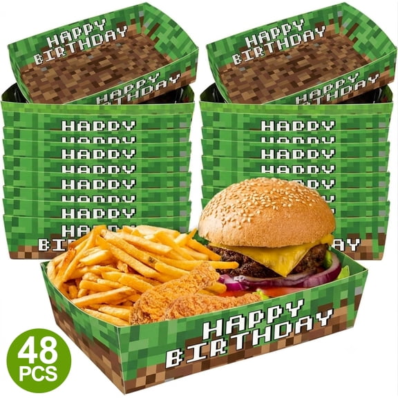 JESTAR 48 Pcs Miner Crafting Party Paper Food Trays, Disposable Block Style Snack Boats for Pixel Video Game Birthday Party Decorations, Fries Nacho Hot Dog Holders Supplies