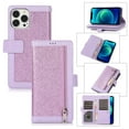 thumbnail image 1 of Wallet Case for iPhone 14 Pro Shining Zipper Pocket Cover, Glitter Sparkle Luxury PU Leather Magnetic Flip Folio Case with Card Slots Kickstand Wrist Hand Strip Shockproof Case, Purple, 1 of 7