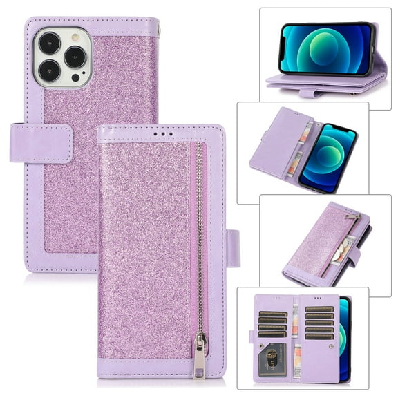 Wallet Case for iPhone 14 Pro Shining Zipper Pocket Cover, Glitter Sparkle Luxury PU Leather Magnetic Flip Folio Case with Card Slots Kickstand Wrist Hand Strip Shockproof Case, Purple