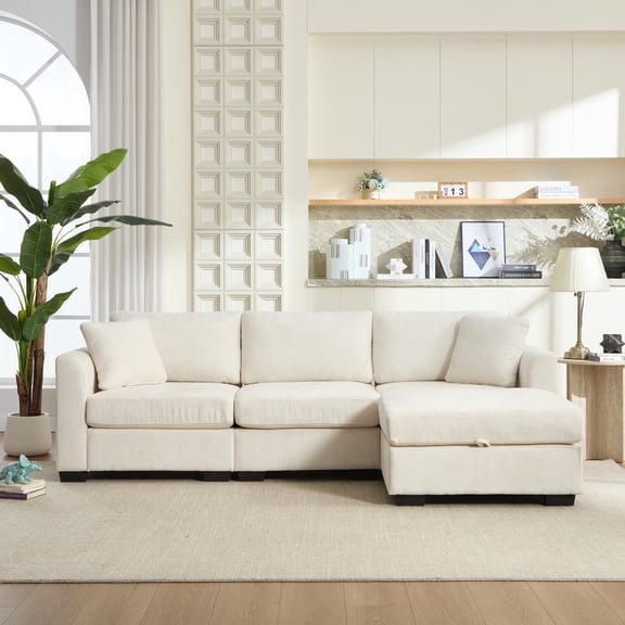 Modern Storage Sofa with Dual Usb, 2 Side Pockets, Ottoman Storage Bench Cloud Sectional Chenille Sofa Oversized, 4-Seat, L-Shaped Couch (Beige)