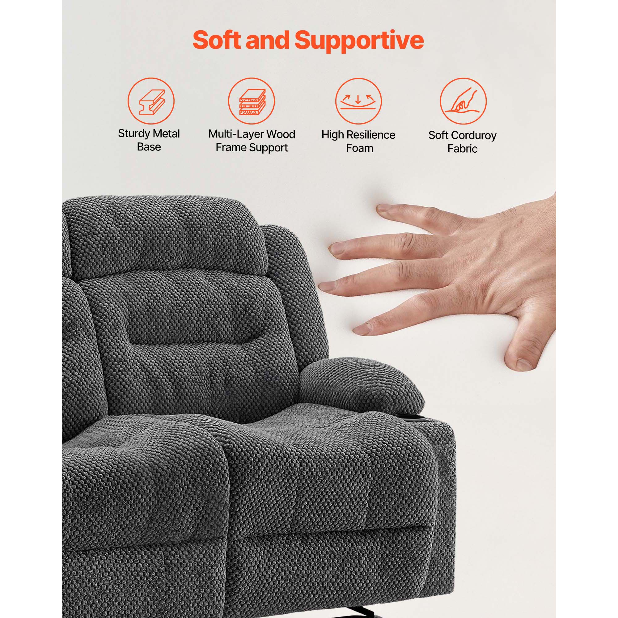 KFFKFF Manual Reclining Loveseat Sofa with Heating and Massage, Soft Corduroy Upholstery, USB Ports, Cup Holders, and Side Storage Pockets, Dual Recliner Couch for Living Room, Grey