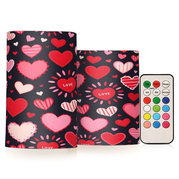 Valentine's Day Love Pattern Flameless LED Candle Set with Remote, Battery Operated Color Changing Pillar Candles, Set of 2