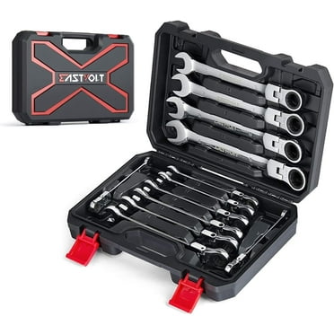 Eastvolt 12 Pieces Flex Head Ratcheting Wrench Set, Metric 8mm-19mm, Combination Ended Spanner kits, Chrome Vanadium Steel with Toolbox