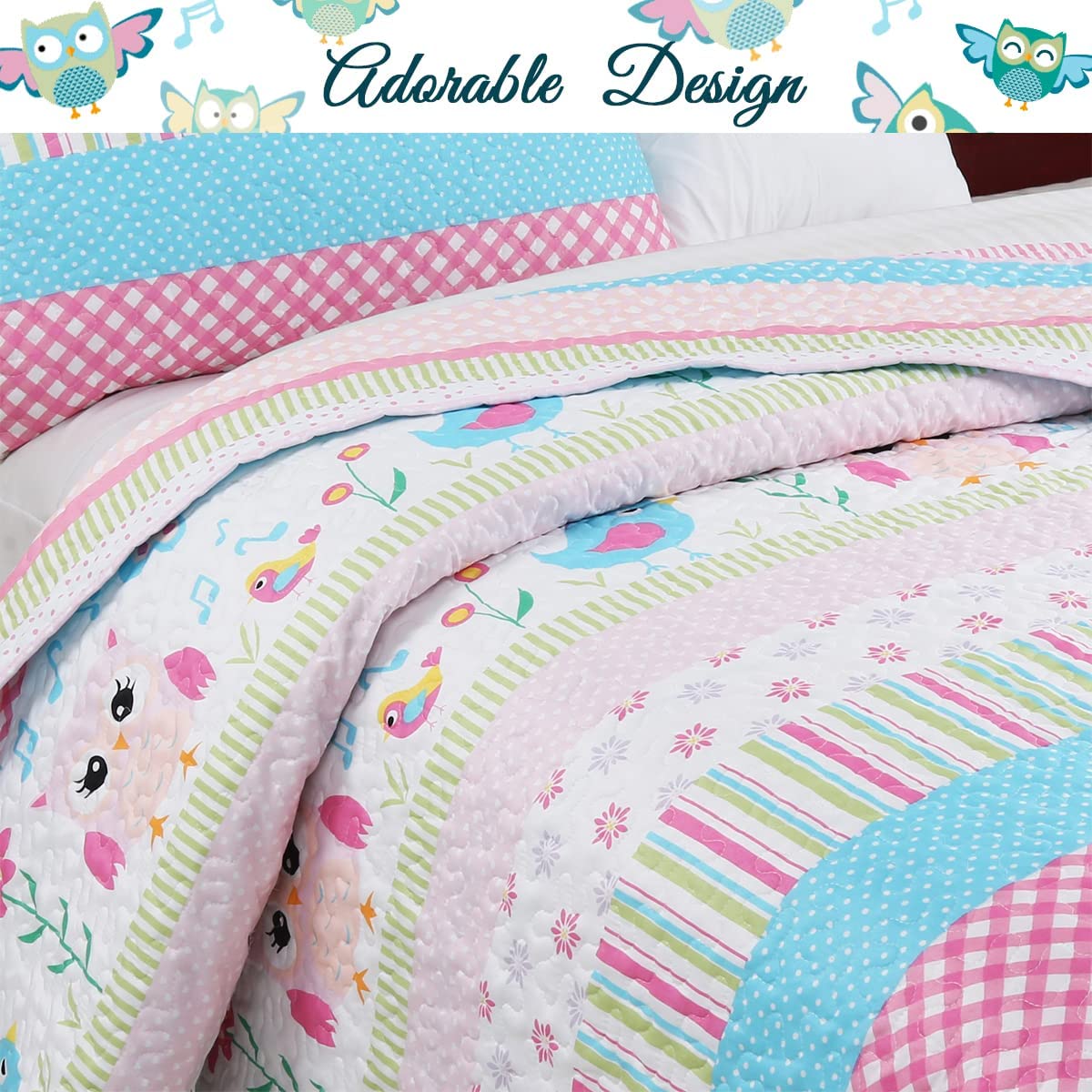Cozy Line Happy Owl Pink Reversible Quilt Bedding Set, Coverlet, Bedspreads for Kids, Girls (Happy Owl, Twin - 2 Piece)