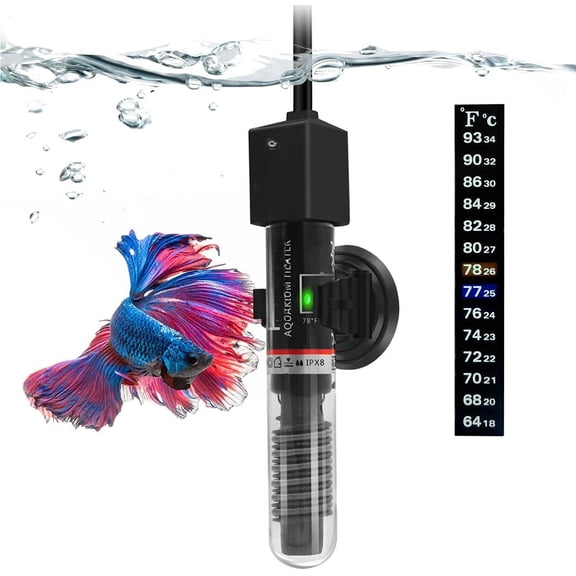 25W Small Aquarium Submersible Betta Heater with Strip, Under 6 Gallon Fish Tanks (Preset Temperature 78?)