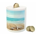 thumbnail image 3 of Seashells Piggy Bank, Wooden Boardwald Sunshine Vacations Beach Theme, Ceramic Coin Bank Money Box for Cash Saving, 3.6" X 3.2", Pale Brown Beige, by Ambesonne, 3 of 4