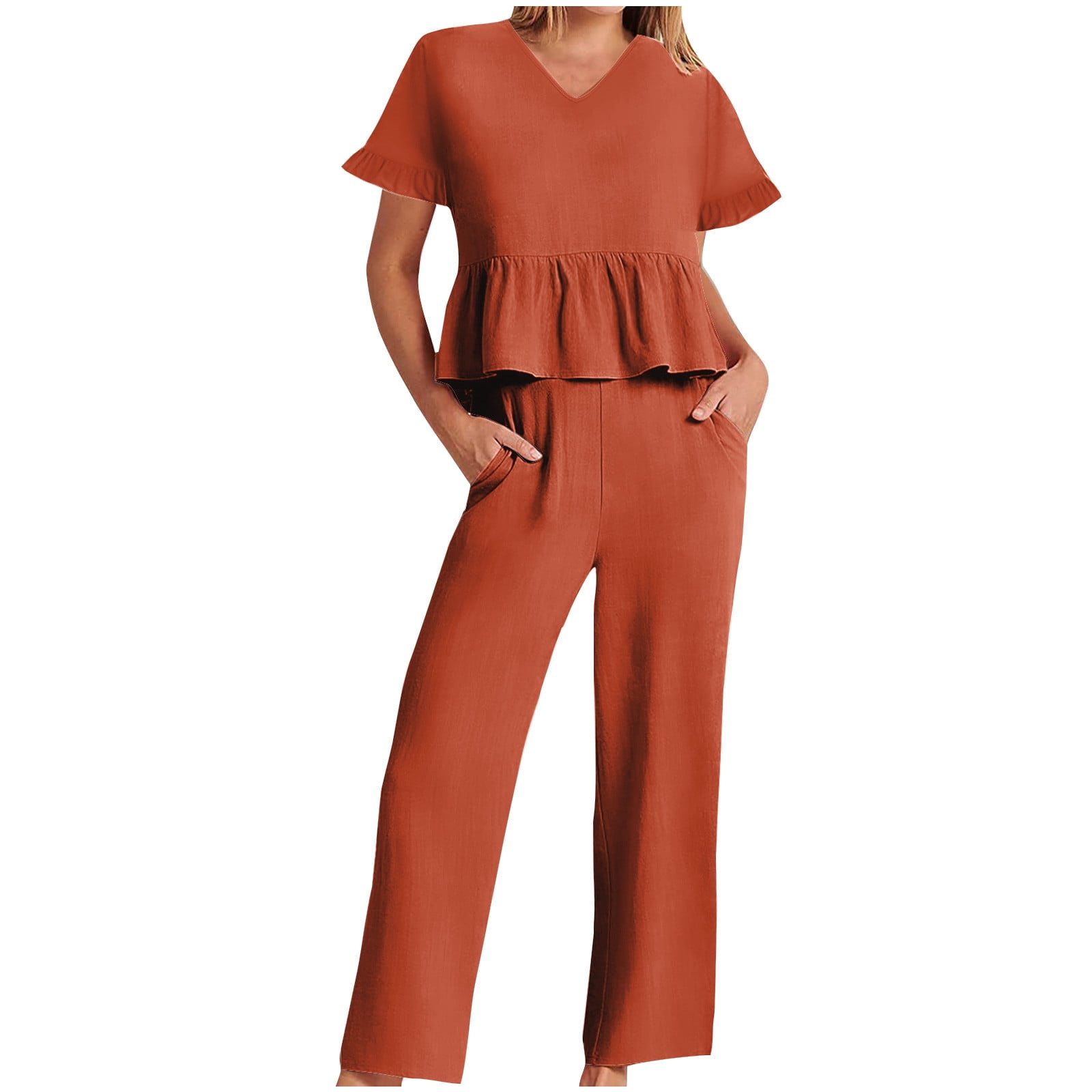 Besolor Women s Cotton Linen Lounge Set Short Sleeve Ruffle Top Wide Leg Pants Loungewear Outfits Tracksuits with Pockets