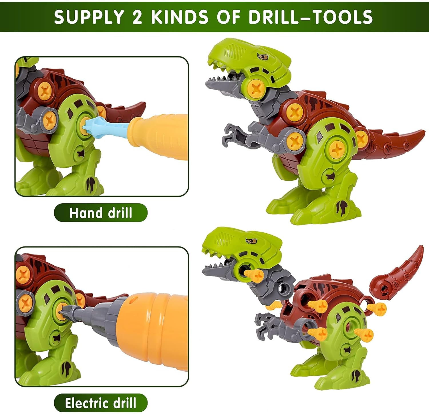LINXUXIE 4 Pack Take Apart Dinosaur Toys, Educational Building Construction Toys with Drill,  Engineering Birthday Gifts for 1-3 3-5 5-8 Year Old