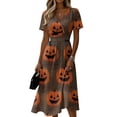 thumbnail image 2 of Women's Halloween Midi Dresses Pumpkin Bat Short Sleeve Spooky Dress V Neck Horror Causal Dresses, M, 2 of 5