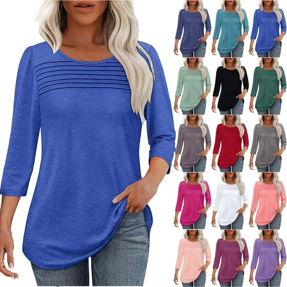 Womens Summer Tops 2025 Plus Size Solid Color T-Shirt Summer Casual Loose Women's Trendy 3/4 Length Sleeves Pullover Lightweight Blouse Tops S-3XL