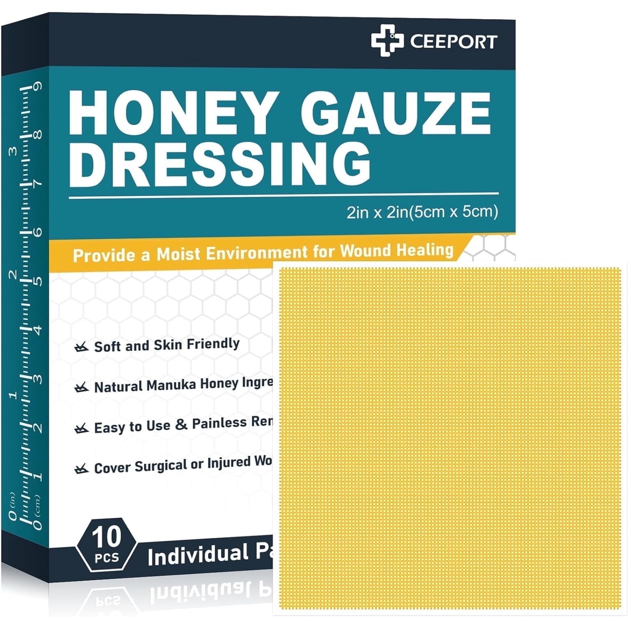 Ceeport Manuka Honey Gauze Wound Dressing 2" x 2", Medical Grade Honey Bandages for Wound Care, Medical Patch for Faster Healing from Burns, Abrasions,Cuts and Scalds(Pack of 10)