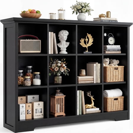 8-Cube Open Shelf Bookcase With Base, Black Wood Finish, Modern Storage
