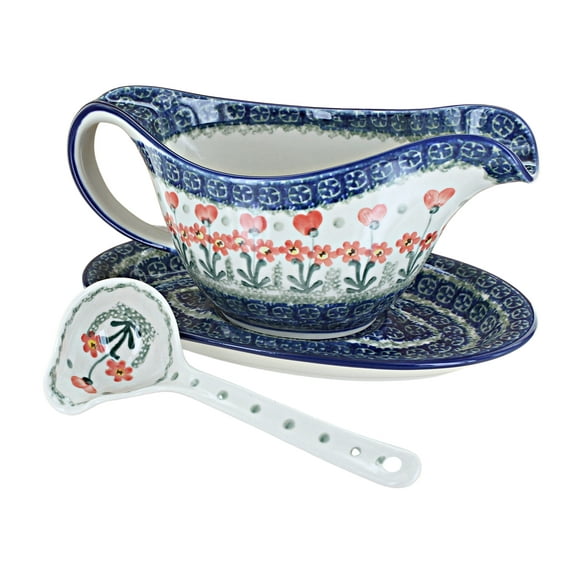 Blue Rose Polish Pottery Peach Posy Gravy Boat & Ladle