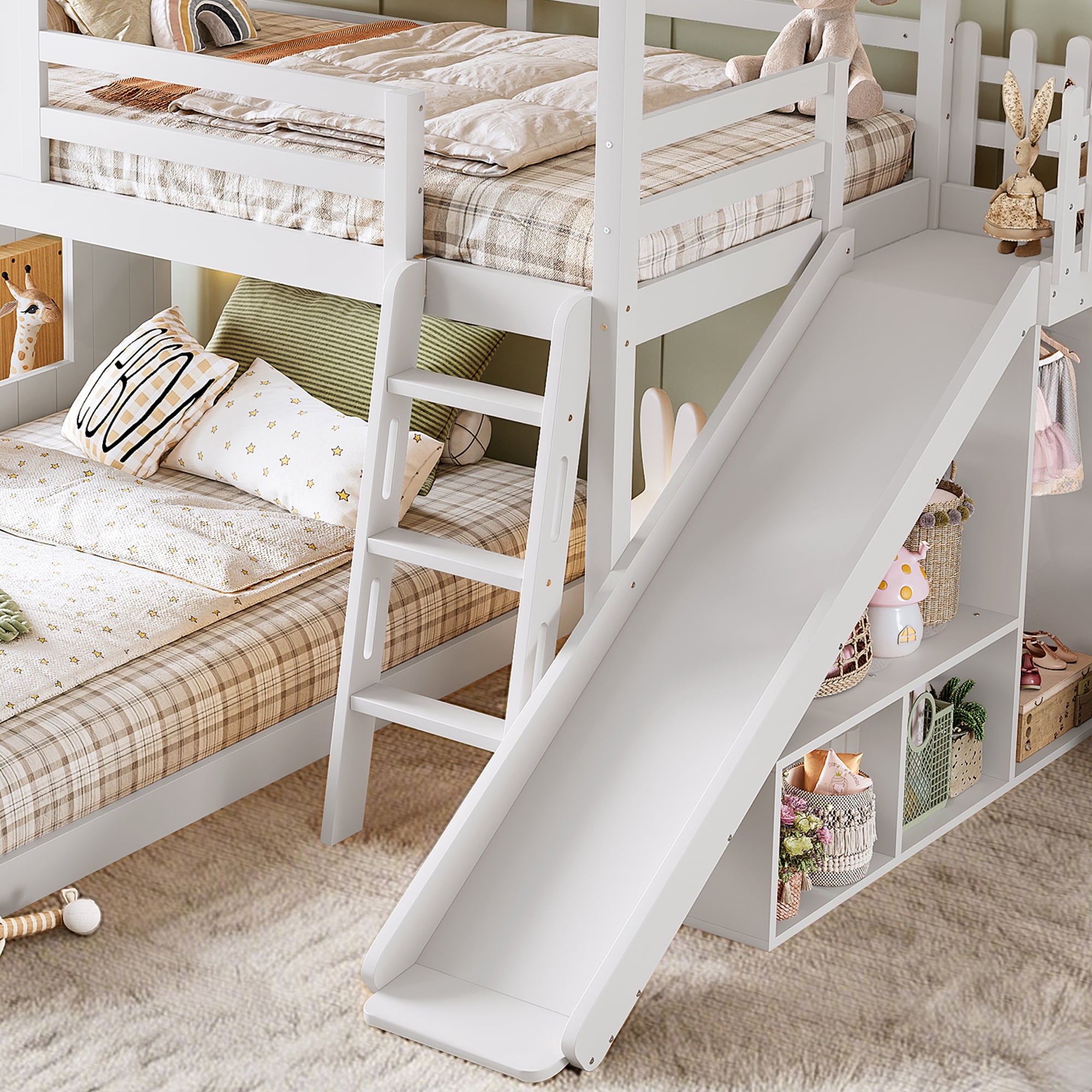 Twin over Full House Bunk Bed with Slide & Ladder, Wood Playhouse Bunk Bed with Storage Shelves & Wardrobe, Floor Bunk Bed for All Ages, White
