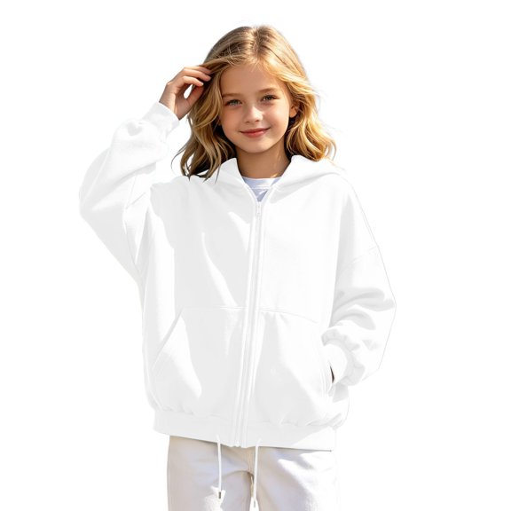 Arlun Lightweight Full Zipper Hoodies for Kids Oversized Fall Long Sleeve Zip up Sweatshirt Jackets with Drawstring Hem Design Casual Solid Color Baggy Girls Hoodie 160
