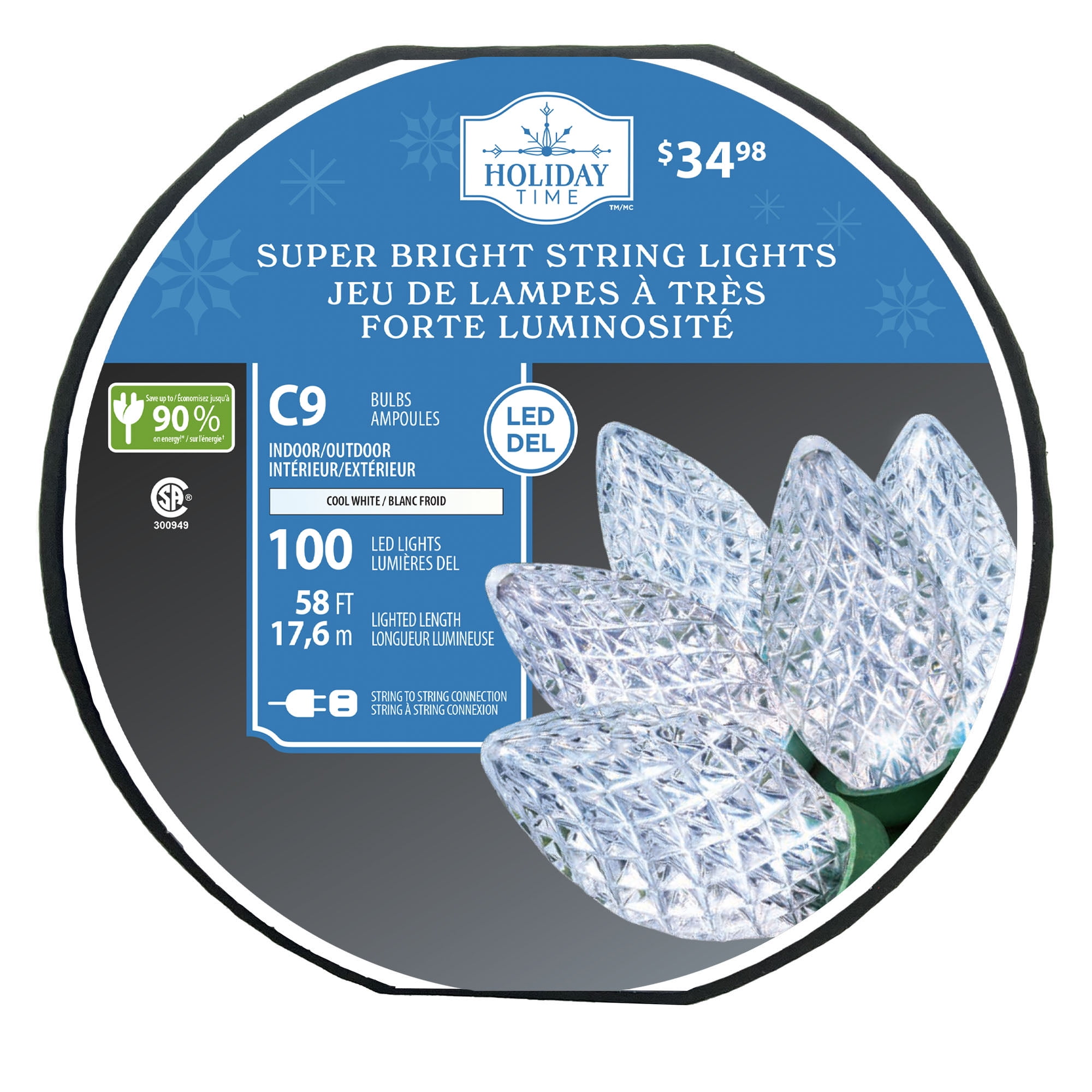 Holiday Time 100-Count Cool White LED Diamond-Cut C9 Christmas Lights, with Green Wire, 58', 8"(20.3 cm) bulb spacing