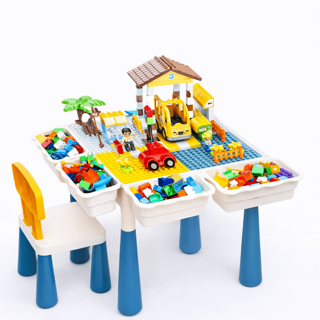 Premium Kids Building Block Table Set – 136-Piece Bus-Stop Themed All-in-One Play Table with Chair – STEM Toy Multi-Purpose Table for Boys and Girls for Xmas