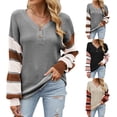 thumbnail image 3 of Top de manga larga para mujer, cuello en V, manga abombada, jersey de retales a rayas, blusa con botones, traje de otoño e invierno, gris M, 3 of 6