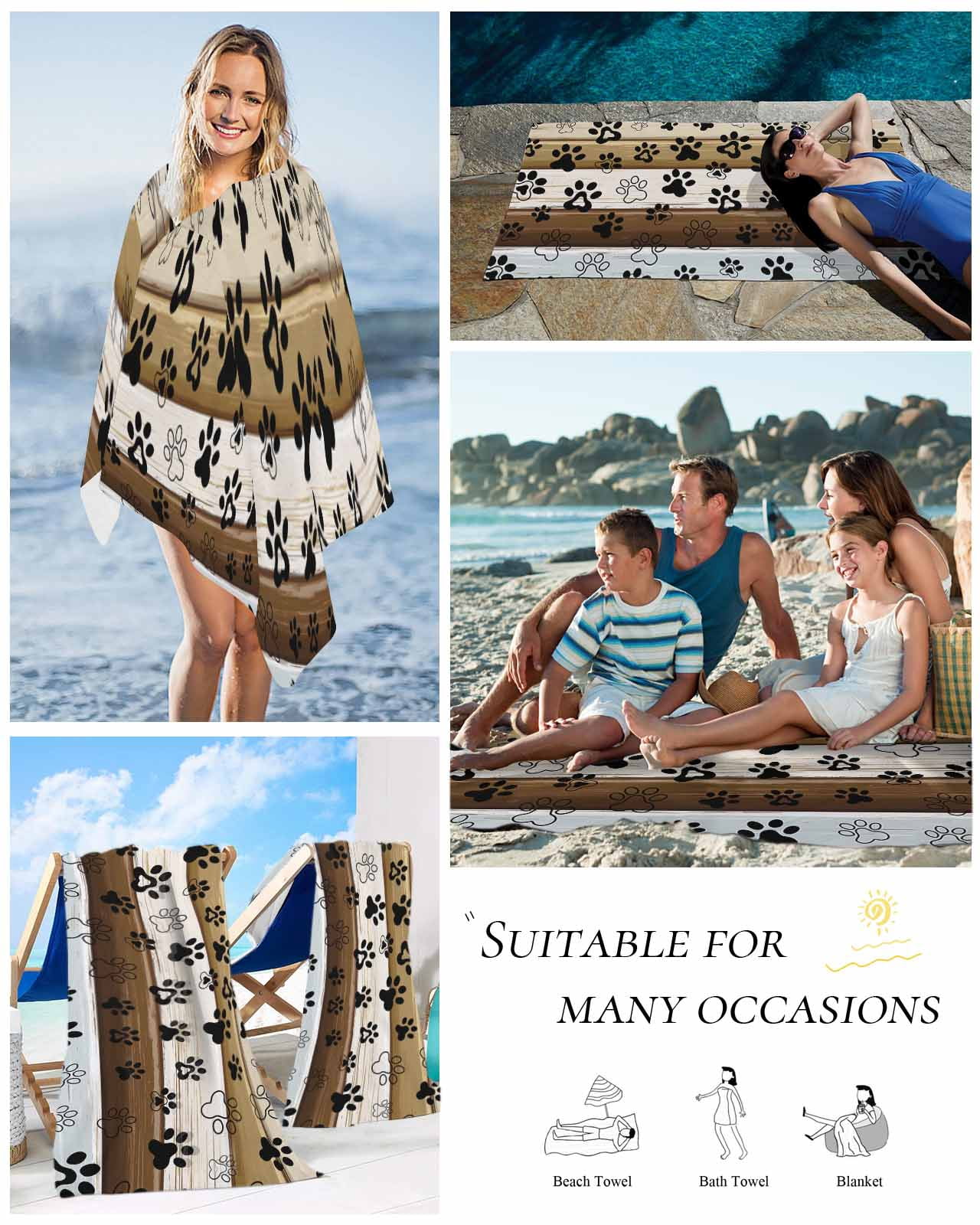 Brown Beige Blue Farmhouse Beach Towels Oversized Super Absorbent, Black Dog Paw Vintage Wooden Lightweight Bath Towel Quick Dry Sets For Bathroom/Pool/Rv Camping/Beach Play/Gym Room/Picnic 31"x62"