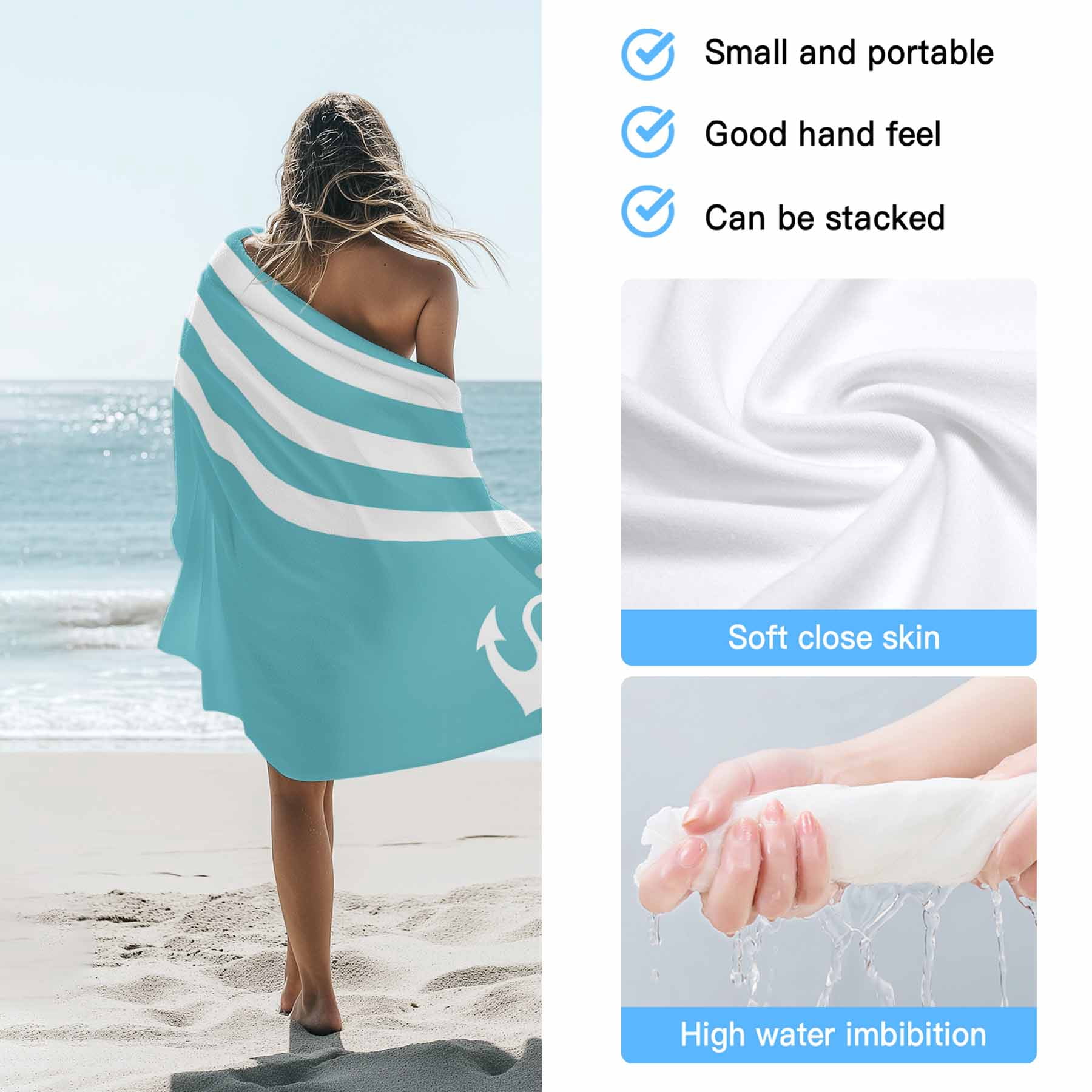 Beach Towel Nautical Anchor Bath Pool Towels Geometric Teal Blue Stripes Absorbent Beach Towel Soft Large Quick Dry Lightweight Camping Travel Sports Yoga Gym Swim Towels for Adult 35x70 Inch