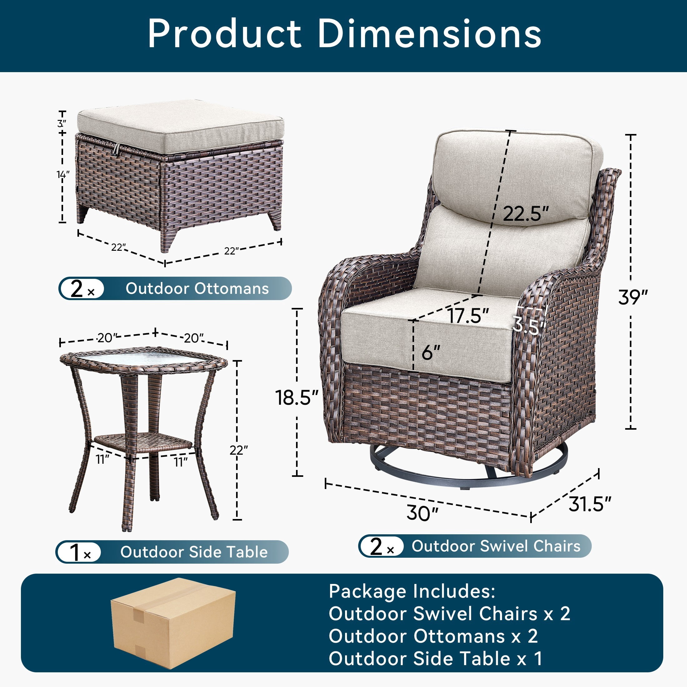 Unnifurnzi 5 Pieces Wicker Outdoor Furniture-Patio Swivel Chairs Set of 2 with Outdoor Ottoman Patio Conversation Sets for Deck Porch Poolside Balcony-Brown/Beige