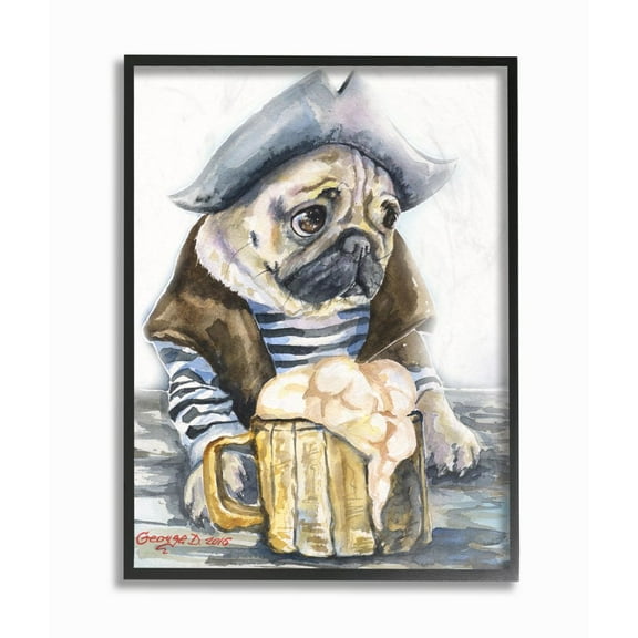 Stupell Industries Pug As Sailor Funny Dog Pet Animal Watercolor Painting Framed Giclee Texturized Art by George Dyachenko