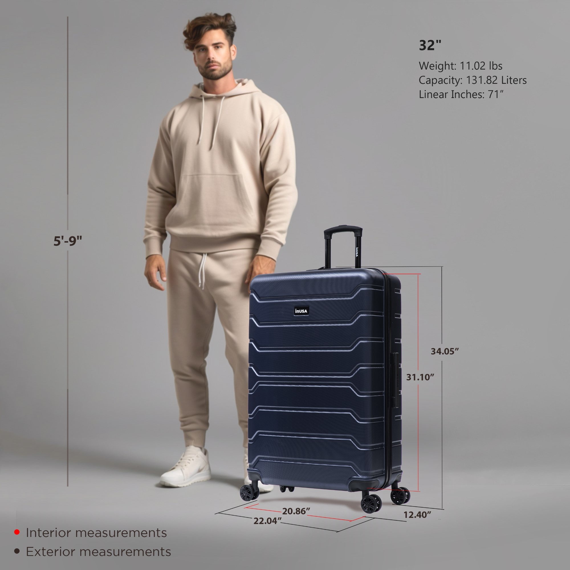 InUSA TREND 32" Extra-Large Hardside Lightweight Luggage with Spinner Wheels, Handle, Trolley, Blue