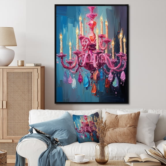 Designart "Glamorous Chandelier in Pink Pop Art Style" Fashion Framed Wall Art - Glam Pink Chandelier Entryway Framed Wall Art Print