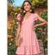 thumbnail image 5 of Vestidos de Verano para Mujer, con Volantes, Corta, Fruncido, Cuello en V, Informal, Holgado, Corte A, Minivestido Veraniego, Rosa, Talla S, 5 of 7