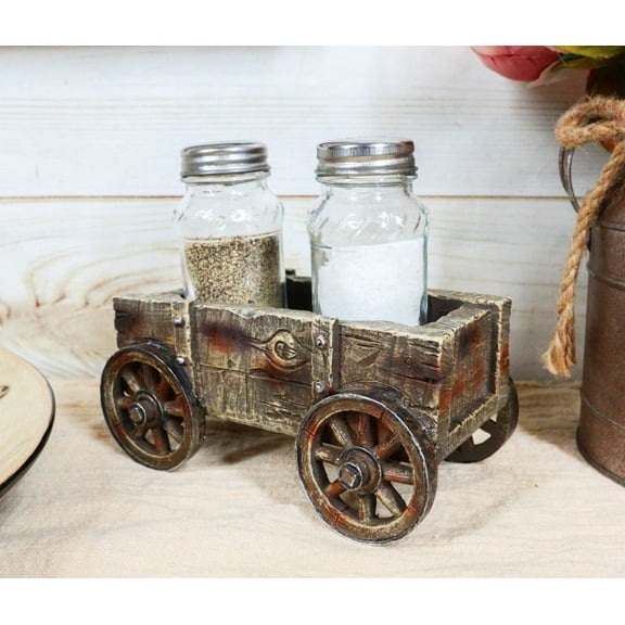Vintage Old Fashioned Faux Wood Rustic Wagon Cart Salt Pepper Shakers Holder Set