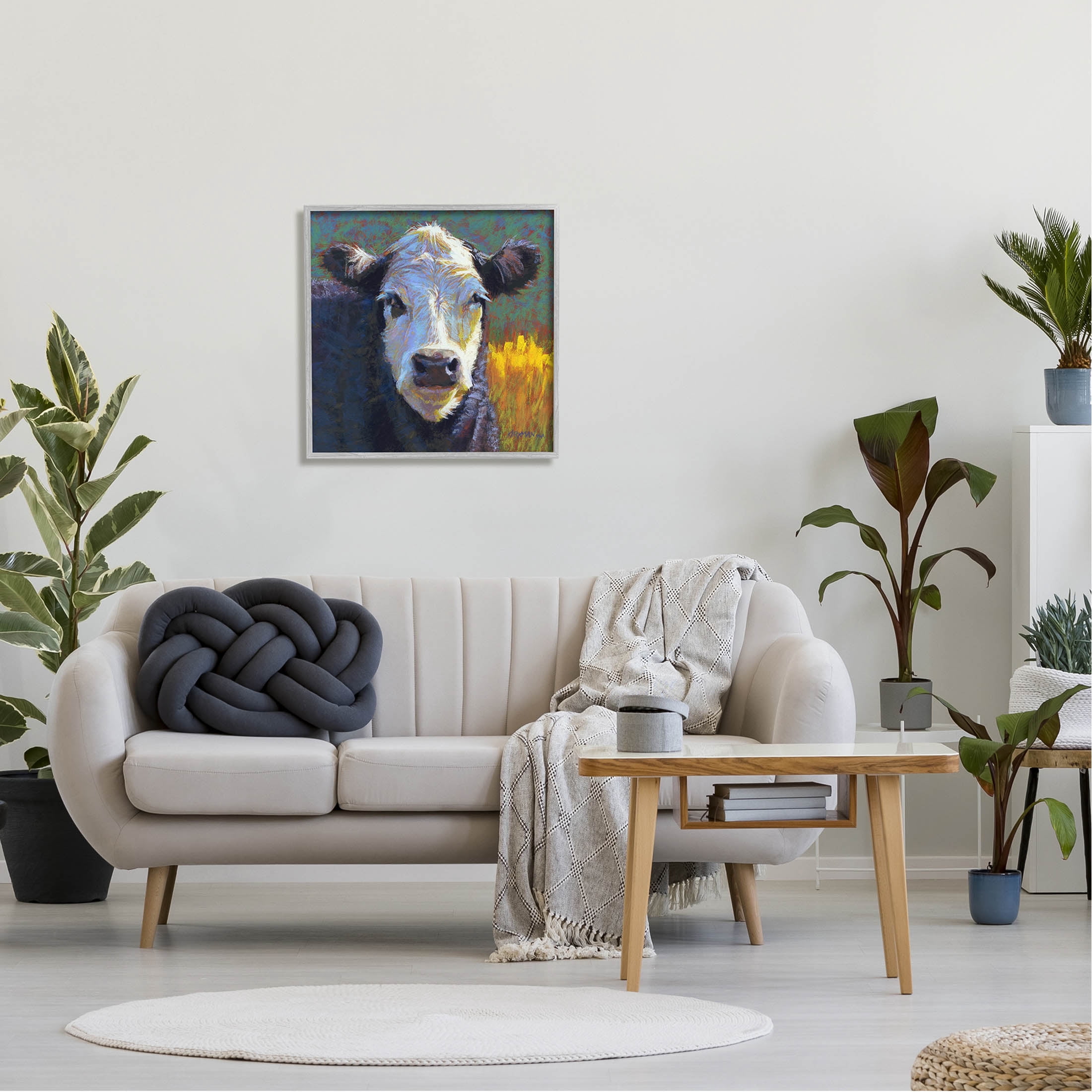 Fuzzy Cow Farm Animal Portrait Animals & Insects Painting Gray Framed Art Print Wall Art