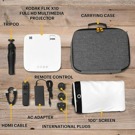 Kodak - FLIK X10  Full HD Multimedia Projector Kit, 1080p Portable Home Theater Bundle with 100” Projection Screen - White