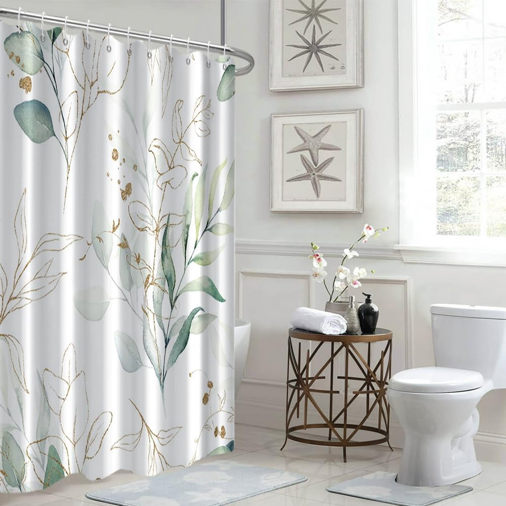 Eucalyptus Shower Curtain, Spring Sage Green and Gold Abstract Leaves Shower Curtain Set for Bathroom Waterproof Fabric Watercolor Botanical Bathroom Decor with Hooks, 72x84 Inch