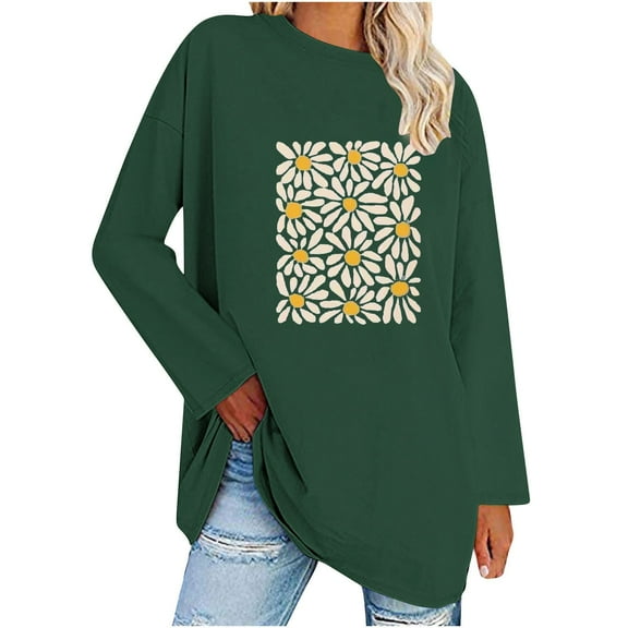 CaiJunJia Long Sleeve Tops,Women's Long Sleeve Shirts Floral Graphic Tops Causal Fashion Round Neck Basic Tee, Fall Winter Clothes