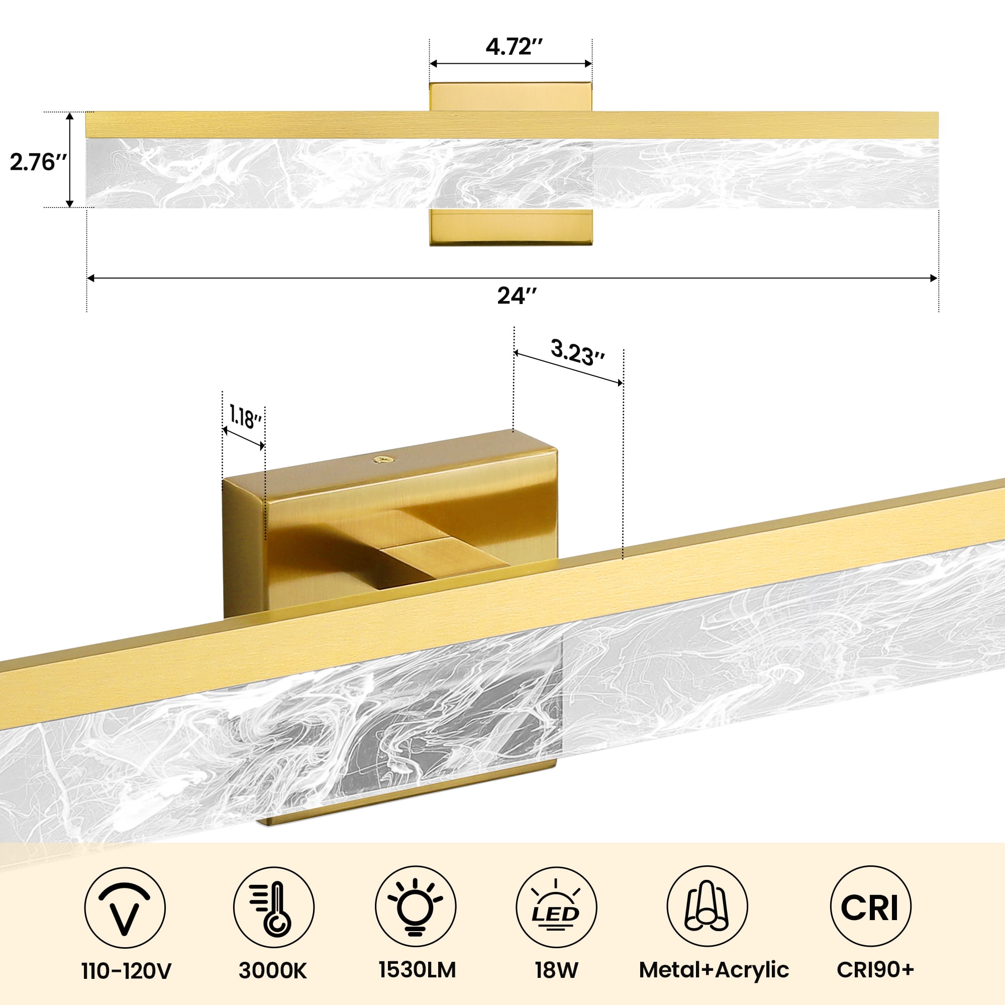 Gold Bathroom Light Fixtures 24 inch Dimmable Metal Wall Sconce Fixtures Over Mirror LED Vanity Light Bar for Restroom Mirror 3000K Warm White Light
