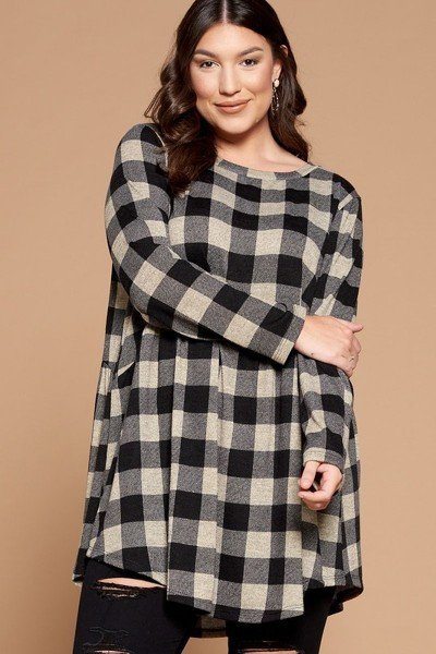 Soft Knit Buffalo Plaid Tunic Top L 