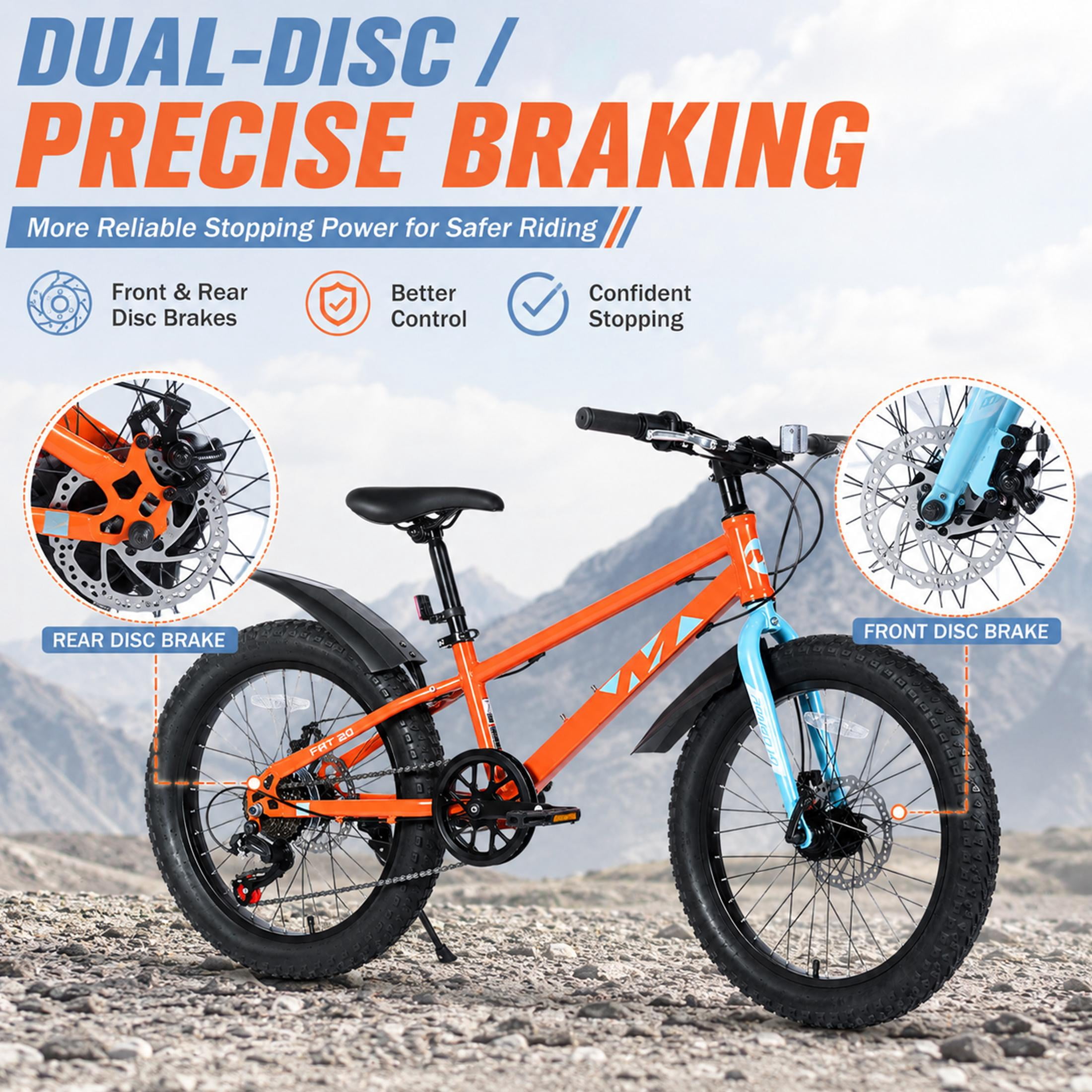 20 Inch Kids Mountain Bike with 3.0 Fat Tires, 7-Speed Drivetrain and Dual Disc Brakes, High-Carbon Steel Frame Children’s Bicycle for Boys and Girls Ages 5-12, Orange