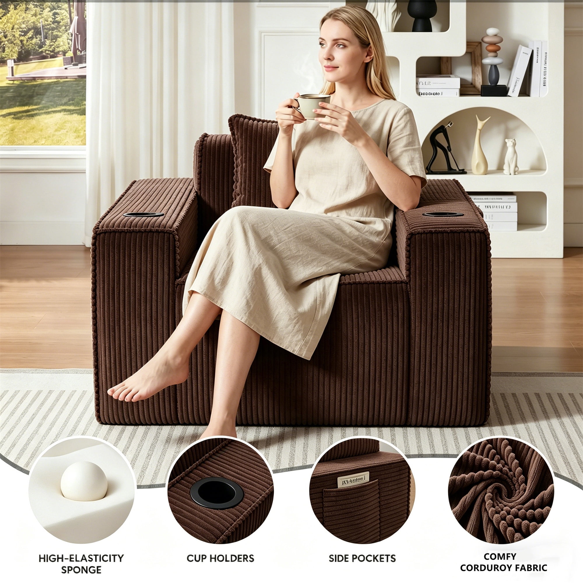 Aukfa 3 Piece Boneless Couch Set, Cloud Sofa Armchair w/ 2 Cup Holders&Storage Pockets for Living Room, Corduroy, Brown