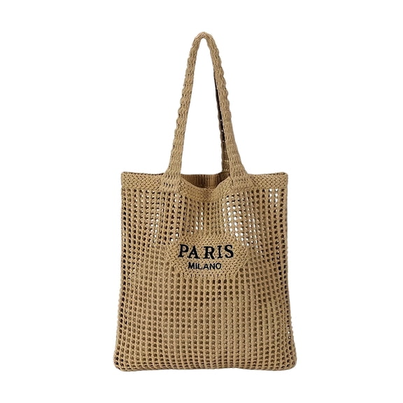 Woven Hollowed Out Beach Bag Letter Hollow Mesh Hand-Woven Tote Shoulder Bag Trendy Summer Beach Purse