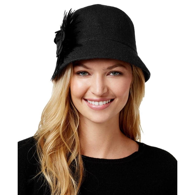 August Hat Folk Tale Feather Melton Cloche Hat, Black