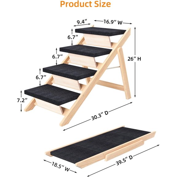 Dog Stairs Ramp for Bed, Wooden 2-in-1 Foldable Pet Ladder Up to 180 lbs, 4 Steps for Elderly Short-Legged Dogs